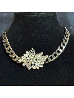 Vintage Black-Tone Chain Link Statement Necklace Clear Rhinestones Chain Length